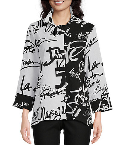 Ali Miles Abstract Word Art Print Crinkle Woven Wire Collar 3/4 Sleeve Button-Front Tunic Jacket