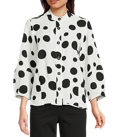 Ali Miles All-Over Dot Print Banded Collar 3/4 Sleeve Hi-Low Hem Button Front Blouse
