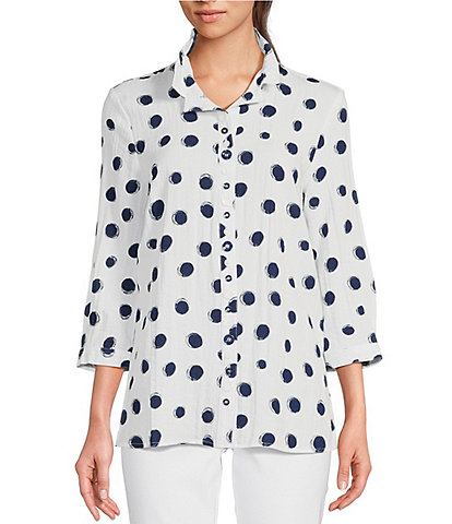 Ali Miles Allover Dot Print Wire Collar 3/4 Sleeve Button-Front Tunic
