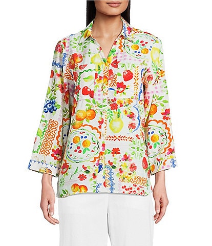 Ali Miles Allover Multi Fruit Print Point Collar 3/4 Roll-Tab Sleeve Button-Front Shirt