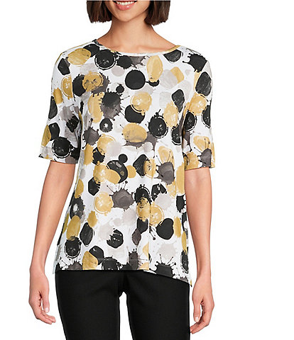 Ali Miles Allover Spot Print Round Neck Elbow Sleeve Tunic