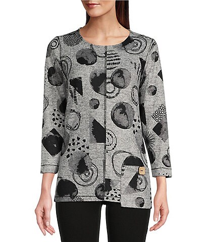 Ali Miles Brushed Knit Abstract Circle Print Round Collar 3/4 Sleeve Button Detail Tunic