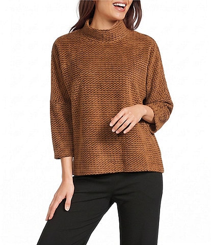 Ali Miles Brushed Knit Jacquard Mock Neck 3/4 Sleeve Top