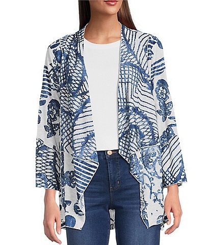 Ali Miles Burnout Knit 3/4 Sleeve Open-Front Kimono Jacket