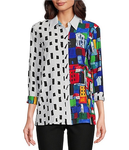 Ali Miles City Print Point Collar 3/4 Sleeve Button-Front Tunic