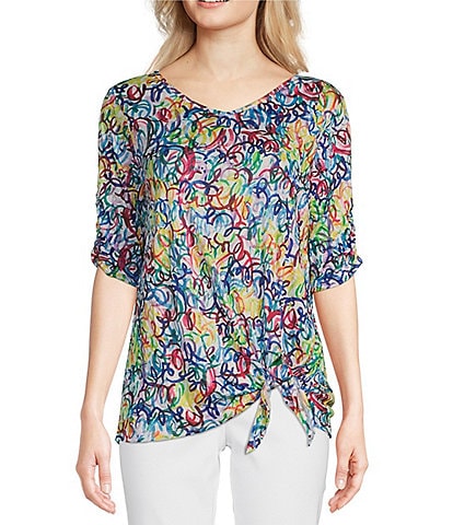 Ali Miles Crinkle Knit Abstract Print V-Neck 3/4 Sleeve Tie Front Top