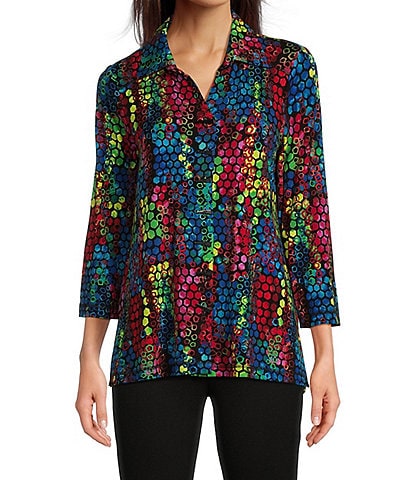 Ali Miles Knit Abstract Tile Print Point Collar 3/4 Sleeve Hi-Low Hem Button-Front Tunic