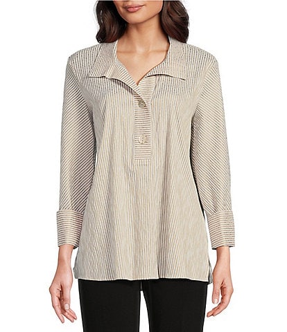 Ali Miles Crinkle Stripe Y Neckline Cuffed 3/4 Sleeve Top