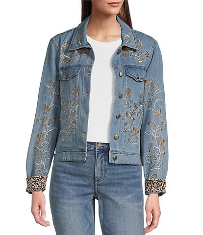 Ali Miles Denim Embroidered Collar Long Sleeve Jacket