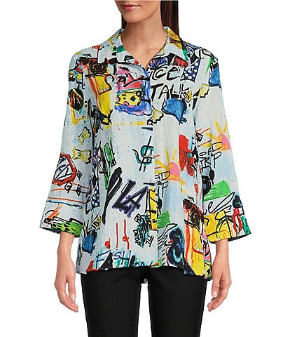 Ali Miles Doodle Print Woven Point Collar 3/4 Sleeve Button-Front Tunic