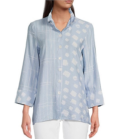 Ali Miles Dot Stripe Chambray Frilled High Neck Wrist Length Sleeve Button-Front Shirt