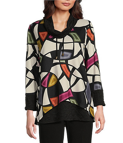 Ali Miles Double Layer Knit Geometric Print Cowl Neck 3/4 Sleeve Hi-Low Hem Tunic