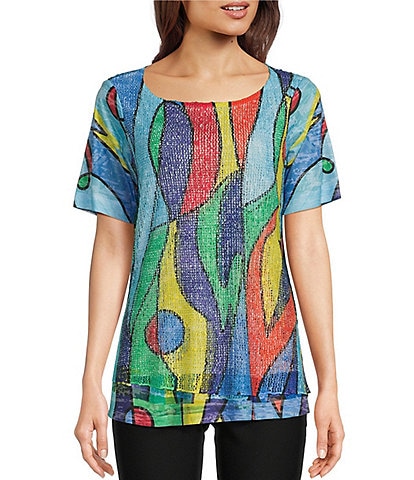 Ali Miles Double Layer Woven Mesh Printed Crew Neck Short Sleeve Blouse