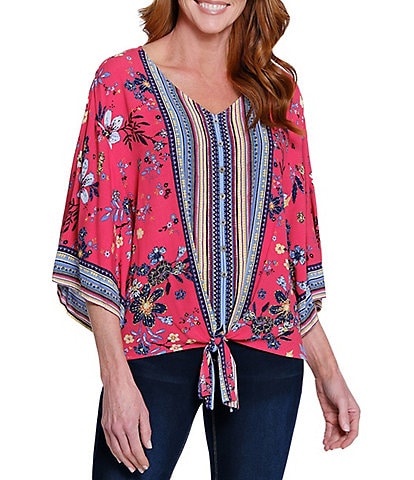 Ali Miles Floral Print V-Neck 3/4 Sleeve Front Tie Tunic