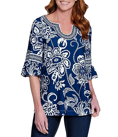 Ali Miles Floral U-Shaped Neck Elbow Sleeve Tunic