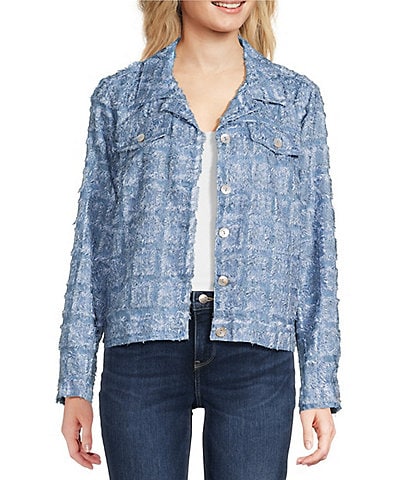 Ali Miles Jacquard Frayed Fringe Point Collar Long Sleeve Button Front Jacket