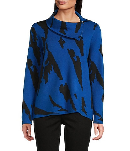 Ali Miles Jacquard Knit Abstract Stripe Split Cowl Zipper Neck Long Sleeve Pop-Over Sweater