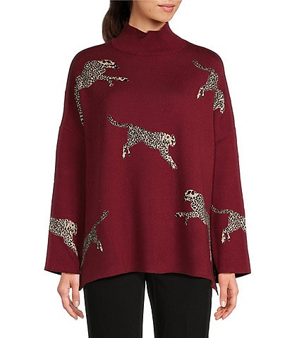 Ali Miles Jacquard Mock Neck 3/4 Sleeve Sweater