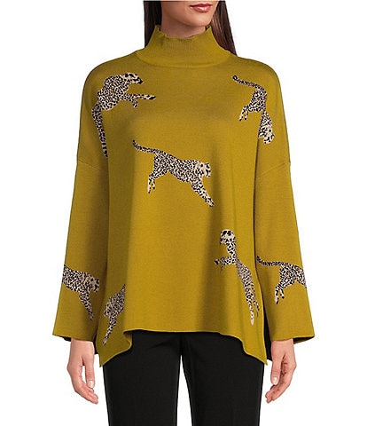 Ali Miles Jacquard Mock Neck 3/4 Sleeve Sweater