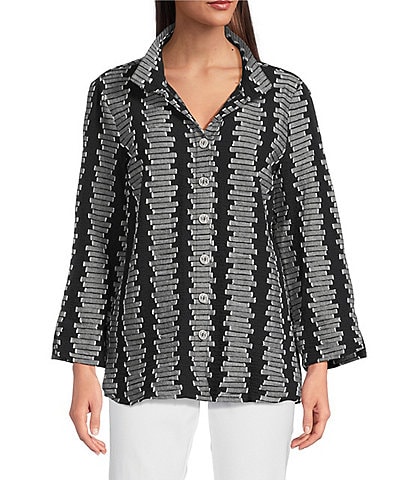 Ali Miles Jacquard Wire Collar 3/4 Cuff Sleeve Button Front Tunic
