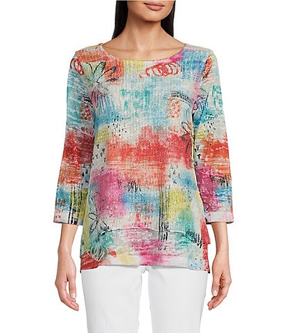 Ali Miles Knit Abstract Print Round Neck 3/4 Sleeve Double Layered Popover Tunic