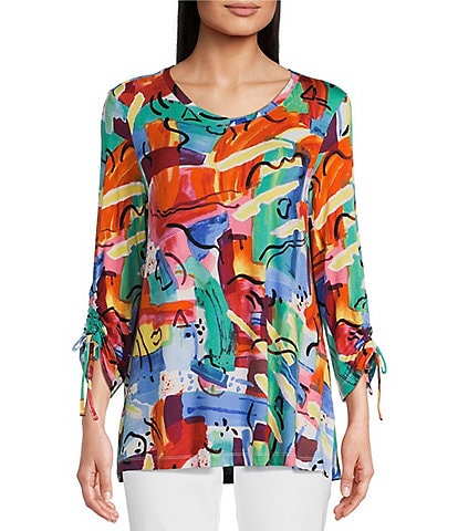 Ali Miles Knit Abstract Print V Neck 3/4 Cinch Sleeve Curved Hem Pullover Tunic