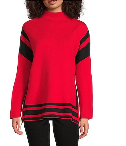 Ali Miles Knit Color Block Trimmed Mock Neck Long Sleeve Pullover
