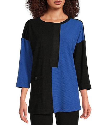 Ali Miles Knit Color Blocked Crewneck 3/4 Sleeve Top