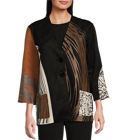 Ali Miles Knit Faux Suede Printed 3/4 Sleeve Jacket