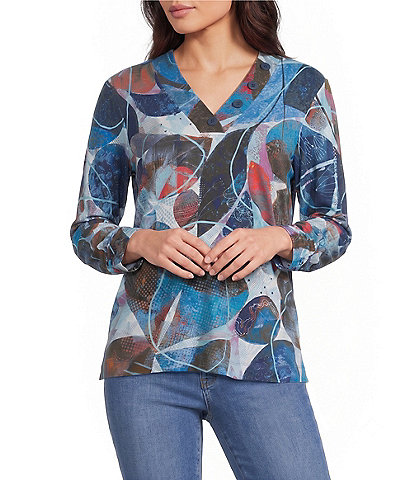 Ali Miles Knit Floral Print V-Neck 3/4 Sleeve Pullover Blouse