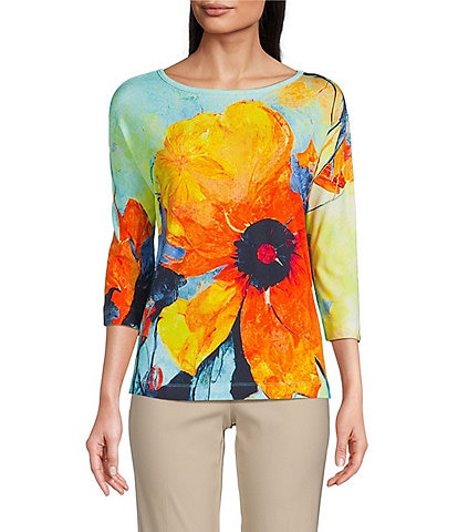 Ali Miles Knit Floral Round Neck 3/4 Dolman Sleeve Tunic