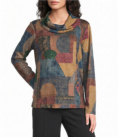 Ali Miles Knit Geometric Cowl Neck Long Sleeve Pullover