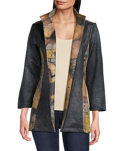 Ali Miles Knit Geometric Print Wire Neck Long Sleeve Open-Front Jacket