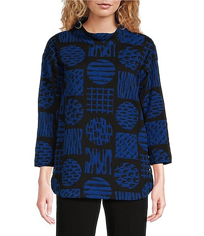 Ali Miles Knit Jacquard Geometric Abstract Print Mock Neck Long Sleeve Popover Tunic