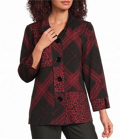 Ali Miles Knit Jacquard Mix Print Wire Neck 3/4 Sleeve Button Front Shirt