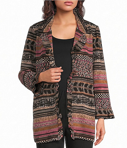 Ali Miles Knit Jacquard Multi Animal Print Open Front Long Sleeve Jacket