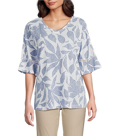 Ali Miles Knit Leaf Print Linen Blend V-Neck 3/4 Lace Sleeve Tunic