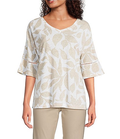 Ali Miles Knit Leaf Print Linen Blend V-Neck 3/4 Lace Sleeve Tunic