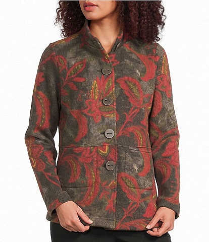 Ali Miles Knit Leaf Print Point Collar Long Sleeves Button Front Jacket