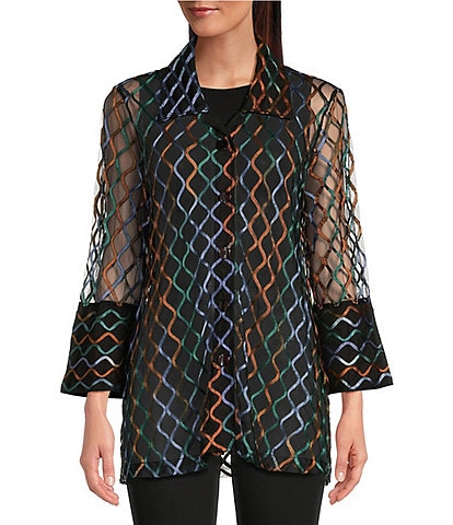 Ali Miles Knit Mesh Embroidered Collared 3/4 Sleeve Jacket