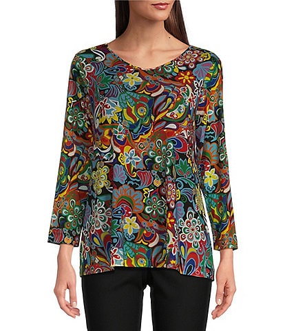 Ali Miles Knit Mesh Retro Floral Print Scoop Neck Long Sleeve Pullover Top