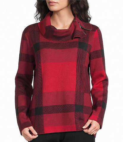 Ali Miles Knit Plaid Split Cowl Neck Long Sleeve Sweater Tunic