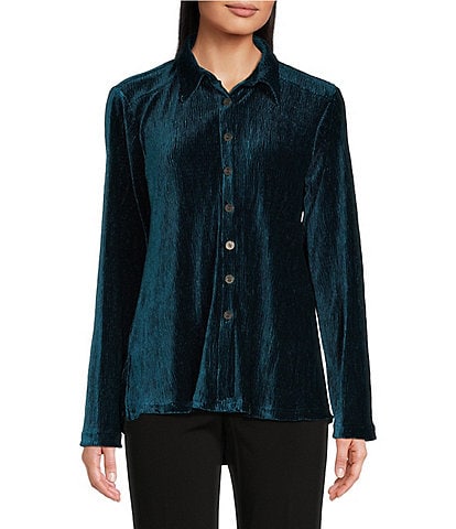 Ali Miles Knit Pleated Velour Point Collar Long Sleeve Button Front Shirt