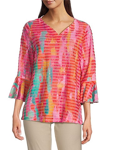 Ali Miles Knit Printed V-Neck 3/4 Bell Cuff Sleeve Tunic