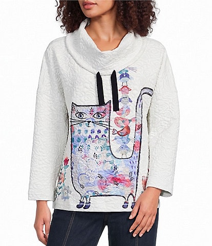 Ali Miles Knit Quilt Placed Animal Print Cowl Collar 3/4 Sleeve Front Drawstring Top