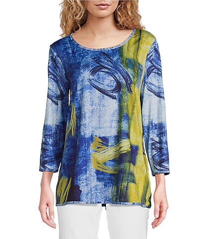 Ali Miles Knit Reversible Abstract Print Scoop Neck 3/4 Sleeve Tunic