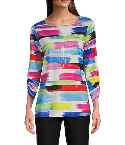 Ali Miles Knit Sequin Round Neck 3/4 Sleeve Abstract Print Pop Over Tunic