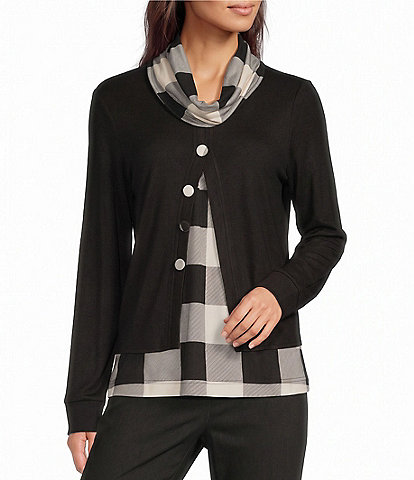 Ali Miles Knit Solid & Mix Print Cowl Collar Long Sleeve Elastic Banded Pullover Top