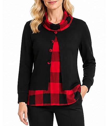 Ali Miles Knit Solid & Mix Print Cowl Collar Long Sleeve Elastic Banded Pullover Top