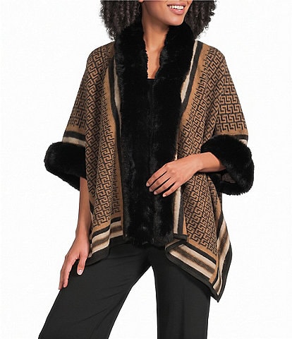 Ali Miles Knit Texture Stripe Borders Plush Trim Open Front 3/4 Sleeve Sweater Jacket